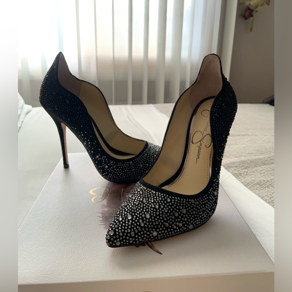 Gorgeous never worn fancy Jessica Simpson stiletto black jetstone heels.